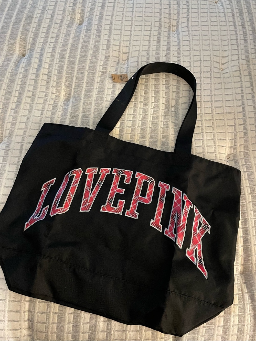 PINK Victoria's Secret Black Tote with Red Plaid LOVE PINK Logo